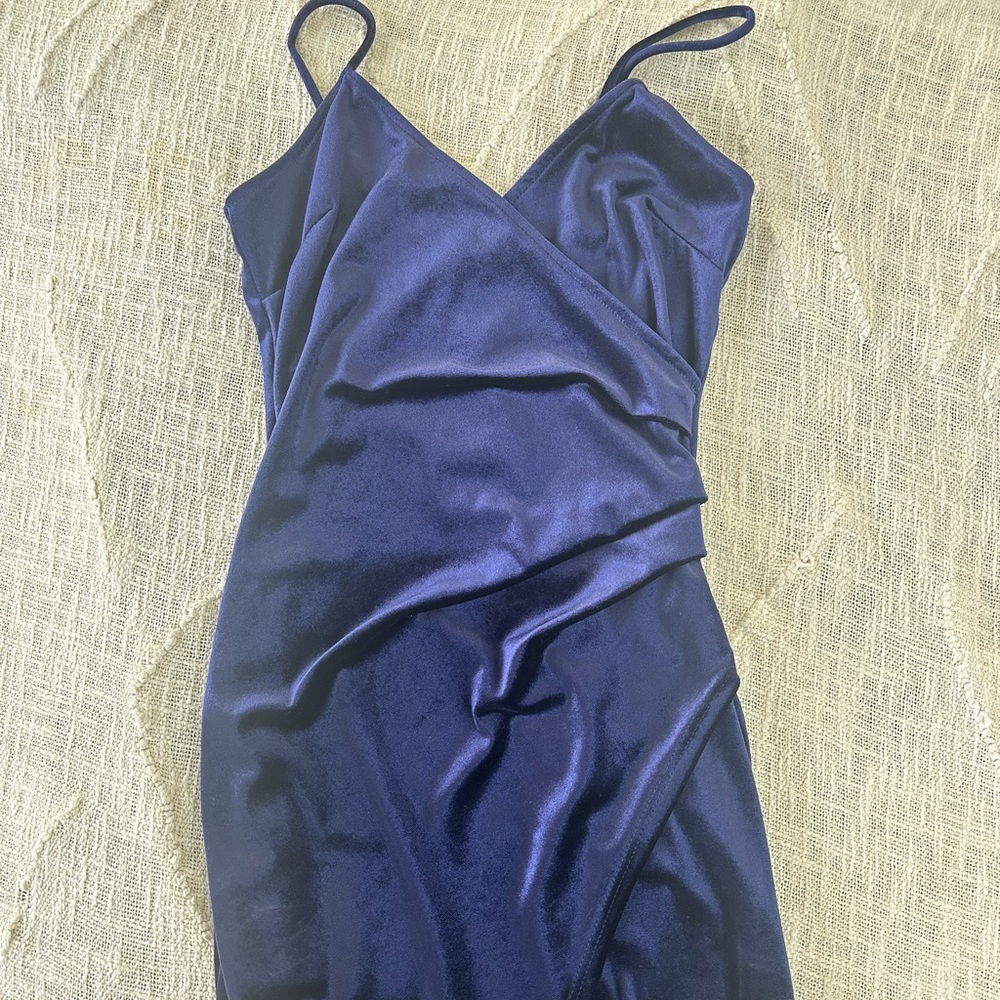 Deep blue velvet mini dress with asymmetrical hem